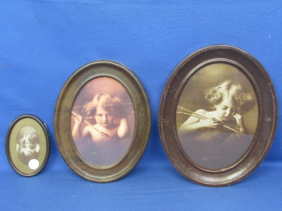 3 Vintage Oval Pictures w/ Metal Frames: Cupid Asleep 10x8”, Cupid Awake 9” x 6 3/4”& 4 1/2” T x 3 1