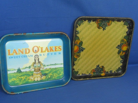 2 Vintage Metal Serving Platters:”Land O'Lakes Butter” & Basket Weave Pattern w/ Fruit