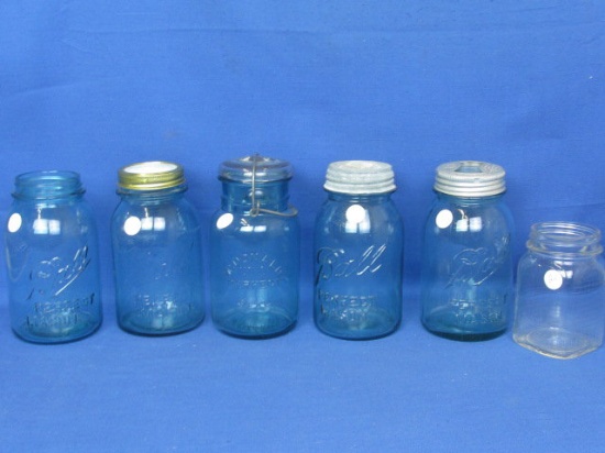 5 Blue Glass Canning Jars 1 Quart – 4 Ball, 1 Mc Donald New Perfect Seal & Clear Pint Jar Waffle Pat