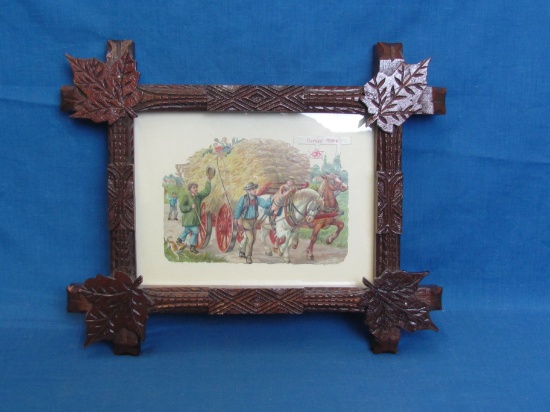 Unique, Beautiful Wood Frame with Maple Leaves & Print of Horses Hauling Hay-wagon -