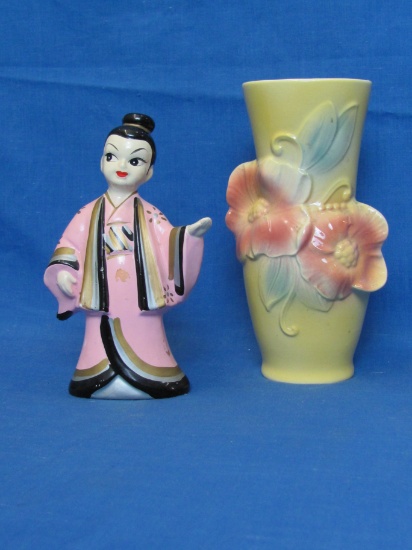 7” Yellow “Royal Copley” Vase &  a 6 ½” “Kreiss & Co.” Japanese Woman Figurine -