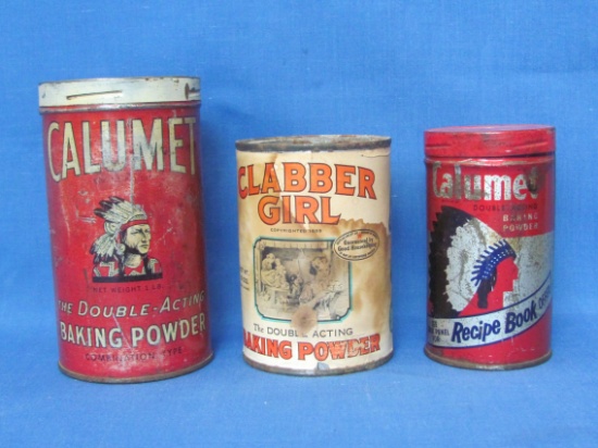 3 Baking Powder Tins – 2 Different Calumet – 1 Clabber Girl – Tallest is 5 1/8”