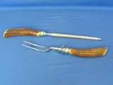 Antler-Handled Carving Fork and Knife Sharpener – Stainless Steel – Sharpener is 15” Long -