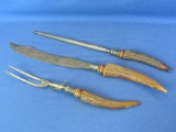 Rustic Carving Set – Antler-Handled Fork, Knife and Sharpener – Knife is 16” Long -