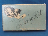 Vintage Sewing Kit – Kitten Playing w Thread on Lid – 17 Small Spools – 1 Plastic Thimble