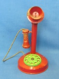 Red Tin Toy Telephone – Rotary Dial in Green – 8 1/4” tall – Wood Receiver
