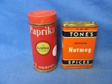 Spice Tins (2) – Tone's Nut Meg & Schilling Paprika – 3 1/8” & 3 7/8” T – As Shown