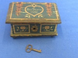 Wooden Chest Coin Bank – Has a key – 3 3/4” L x 2 1/4” W X 2” Tall – Wood w/ Paper Overlay