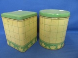 2 Vintage  Green & Cream Kitchen Metal Canisters w/ Fruit & Teapot Design -6” Tall  one 4 1/2” Squar