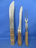 Vintage Carving Fork & 2 Knives – Brass Rivets Appx 11” L , other Appx 10” , Fork Faux Antler Handle