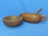 Thick Wood Bowl – Wood Gravy Boat (9” long) with Spoon – Bowl is 6” in diameter