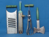 Vintage Kitchen Utensils w Green Wood Handles: Grater, Chopper, Hand Mixer & Thermometer