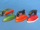 3 Different Vintage Toy Irons - “Sunny Suzy” by Wolverine – Tin & Plastic – Porcelain w  Wood Handle