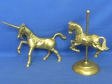 Vintage Brass Animals: Carousel Horse 8” T  & Unicorn 7” T
