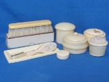 Celluloid Dresser Lot: Ivory Pyralin Brush in Original Box - Powder Jars – Pin Cushion & more