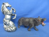 Very Detailed Plastic Hippopotamus 4” T x 8” L & a Silver Painted Plastic Horse Figurine 7” T