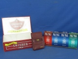 Swisher Blunts Cigar Box, Leather Cigarette Case, & Pall Mall 4 Box Package (empty)