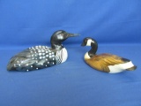 Hand Carved Wooden Loon w/ Inset Eyes, Signed Hand Carved Wooden Goose 1982 R. Korman
