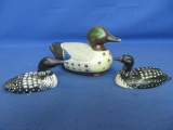 Porcelain Duck Clothing Brush, Porcelain Loon Shaker & Carved Wooden Loon w/ inset eyes