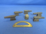 Assortment 6 Wooden Cannons, Wooden Ball, Metal Ring & Metal Protractor