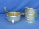 Flour Sifter - :”Perfect” Made in USA 6 1/4” T x 5 1/4” DIA  & Foley Food Mill Green Handles
