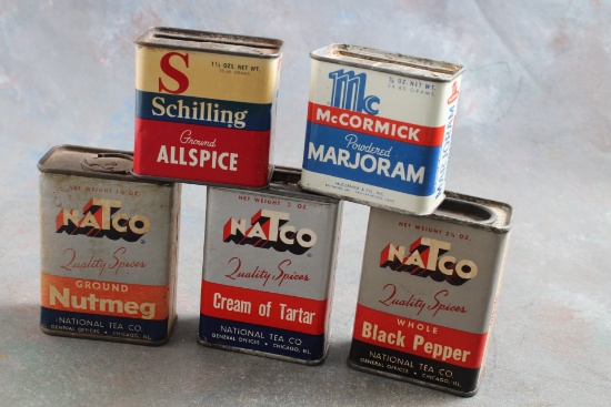 5 Vintage Spice Tins NaTco, McCormick, & Schilling