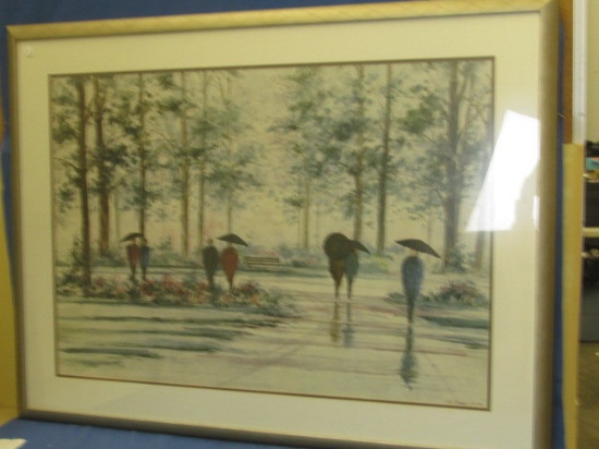 Framed Print of People Strolling with their Umbrellas Open – 32 1/2” T X 42” W – Framed under Glass