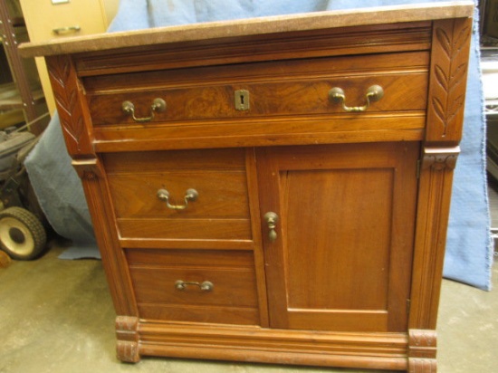 Antique Carved Wooden Vanity Cabinet with Reddish Stone Top -Stands 29” Tall 30” Long 16 1/2” Wide