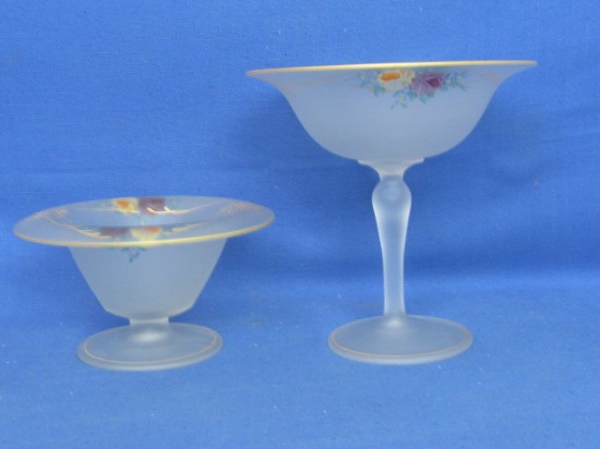 Pair of Frosted Glass Stemware Bowls painted with roses & Art Nouveau Gilded design