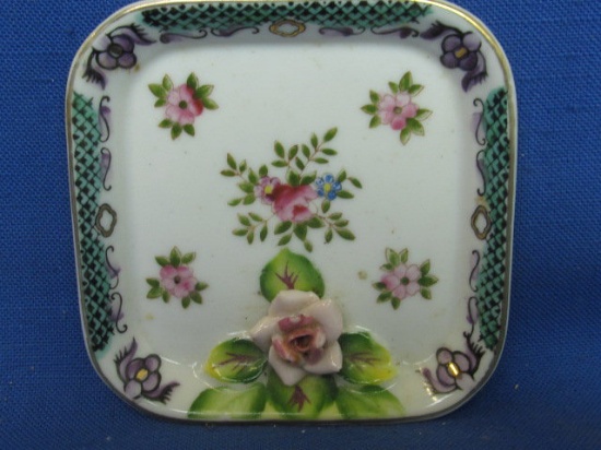 Meiko China - Occupied Japan -  4” Square Trinket Dish with Porcelain Slip Rose