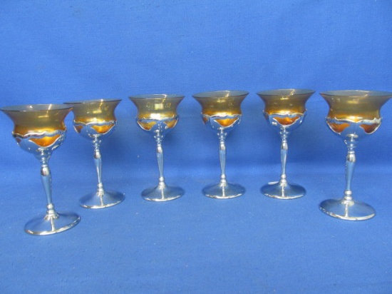 Set of 4 Farber Bros Art Nouveau Amber Liquid Cocktail Farber Crystal & Chrome Stemware – 5 5/8” T