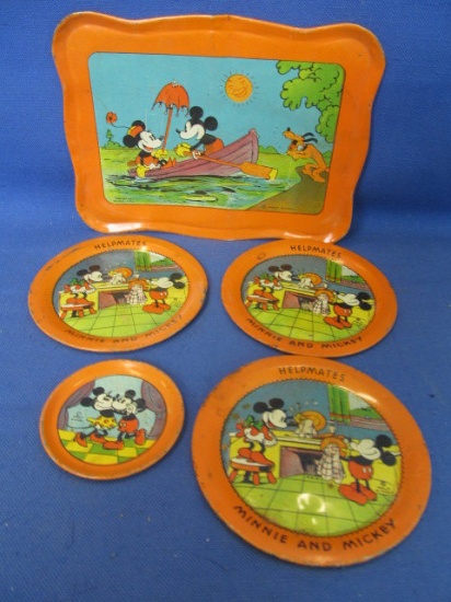 1932 Disney Tin Tea Dishes from “Minnie & Mickey Helpmates” Tea Set : Tray, 3  4 1/4” Plates & one 2