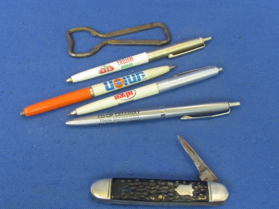6 Vintage Items: 4 Pens, Vernon, AAMPI, Trojan seed, Union Oil, Hamm's Opener, & Pocket Knife