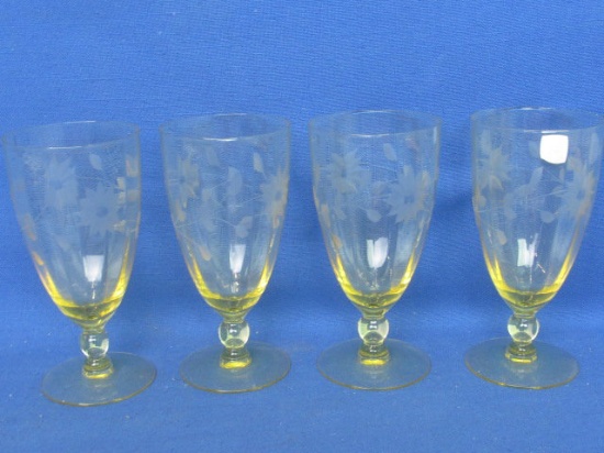 4 Vintage Yellow Depression  Cut Glass Stemware Wine Glasses  – 6” Tall – Golden Color Floral Patter