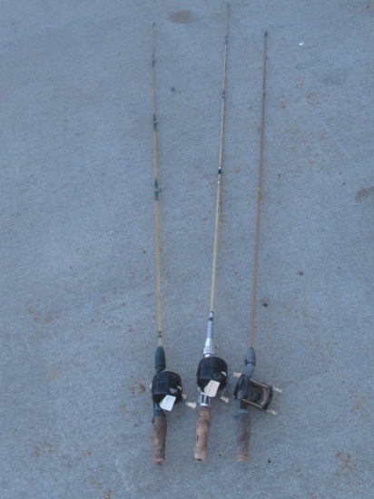 3 Fishing Poles w/ Reels: 56” , 65” & 67” L Appx – All have Cork Hand Grips – 2 Zebco No 202 Reels