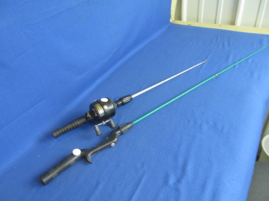 2 Fishing Poles:Green Fishing Pole 42” L & White Pole 25” L with Zebco 600 Reel