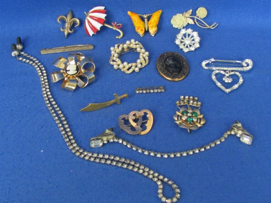 Mixed Lot of Vintage Brooches/Pins – Eyeglass Chain -Some Gold Plated -