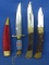 3 Vintage Knives: Velvet & brass Fixed & 2 Folding: Explorer Japan & Buck 110 USA