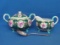 Unmarked Porcelain Creamer & Covered Sugar – Hand Painted – Green w Pink Flowers