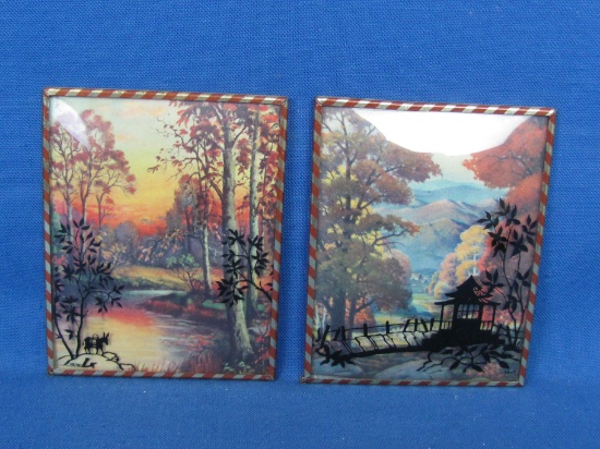 2 Prints of Woods, Hills & River in Autumn Sunset w/ Silhouette Accents – Striped Frames -