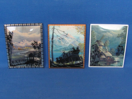 3 Vintage Silhouette Prints – 4” x 5” - River, Mountains, Mill in Moonlight, Stagecoach -