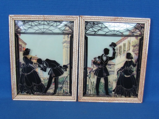 Two Vintage 7”x9” Silhouettes of Gentleman Calling on Lady at Doorstep – Old Wood Frame -