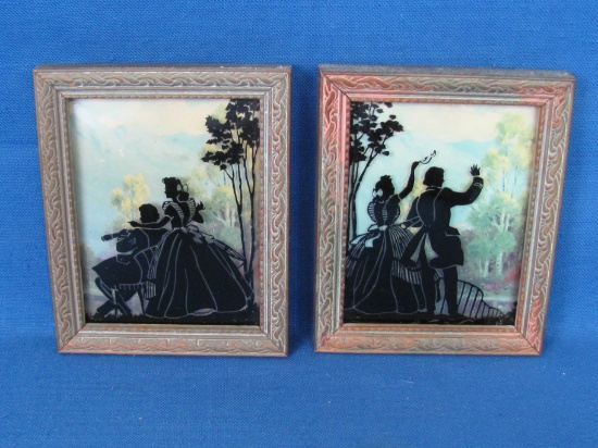 2 Vintage 4”x5” Silhouettes of Couples Waving & Over-looking Woods – Wood Frames –