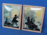 Two Vintage Silhouette Prints of Couple on a Winter Evening – 9” x 7” Wood Frames -