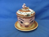 Lady Head Covered Sugar Bowl With Bird – No Markings – Plate 5” D – Crazing – As Shown