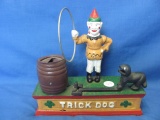 Cast Iron Trick Dog Bank – Jumps Thru Hoop – Works – Reproduction – 2 ½” x 7 1/2”