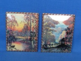 2 Prints of Woods, Hills & River in Autumn Sunset w/ Silhouette Accents – Striped Frames -