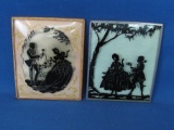 Unique, Lovely 4” x 5” Silhouettes of Couples Courting – 1 w/ Blue Background 1 w/ Gold -