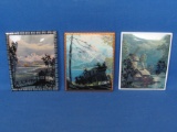 3 Vintage Silhouette Prints – 4” x 5” - River, Mountains, Mill in Moonlight, Stagecoach -