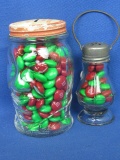 2 Vintage Glass Bottles filled with Red & Green M&Ms: Lucky Joe Bank & Lantern